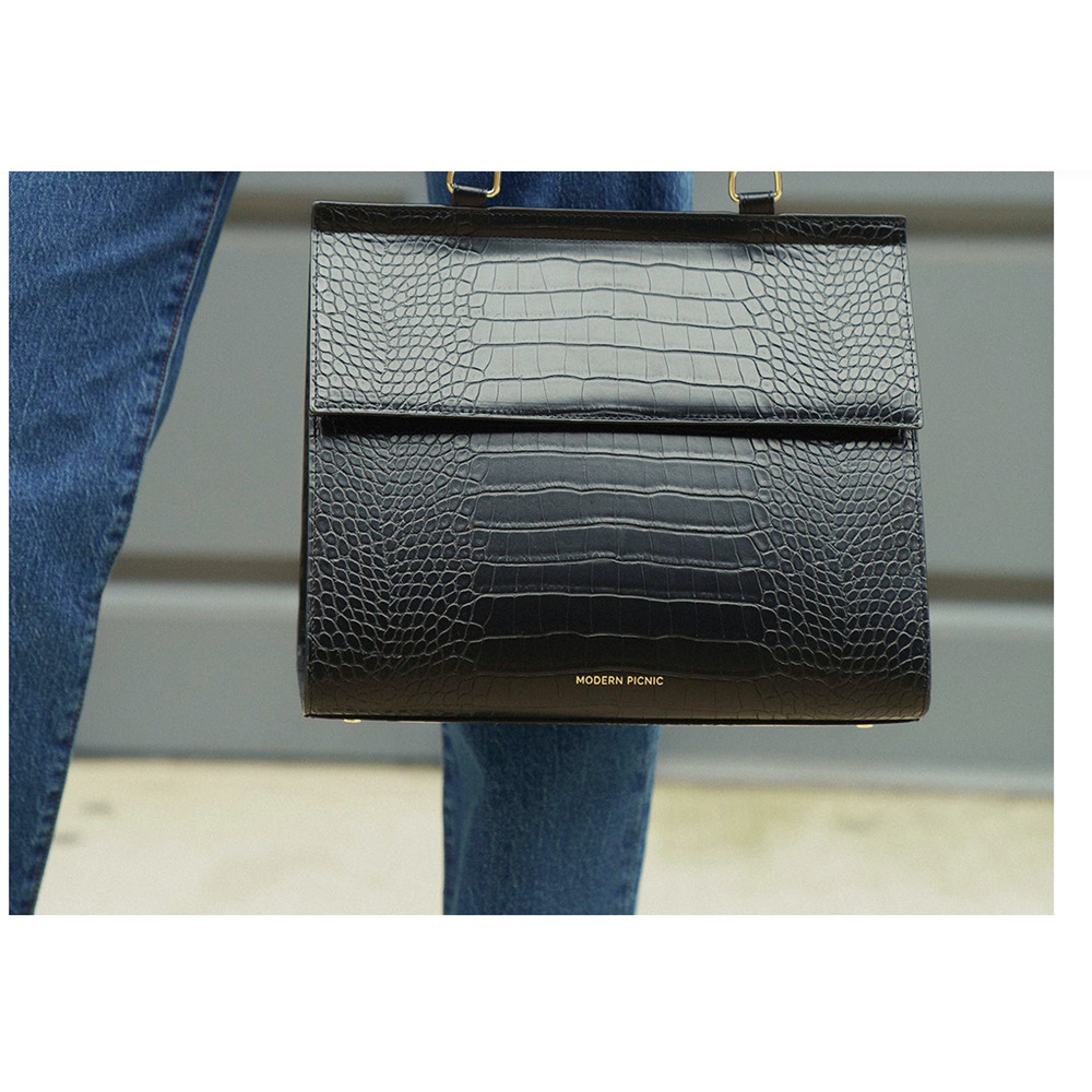 Black Croc-Embossed Top Handle lunch bag